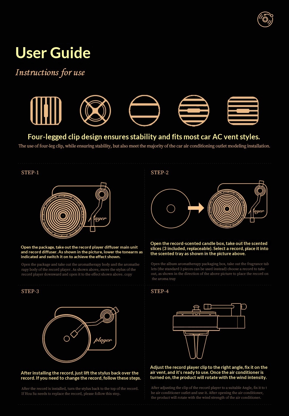 Air Vent Record Player Taylor Interior Light Fragrance Deodorizer High-end Car Decoration_voghion.com