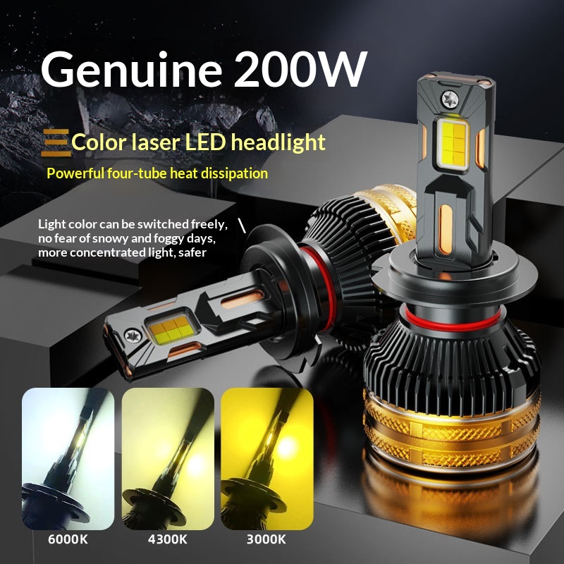 Car Tri-Color LED Laser Headlight Bulb H7 H11 H4 Super Bright Low Integrated 9005 Modified High Beam Fog Light_voghion.com