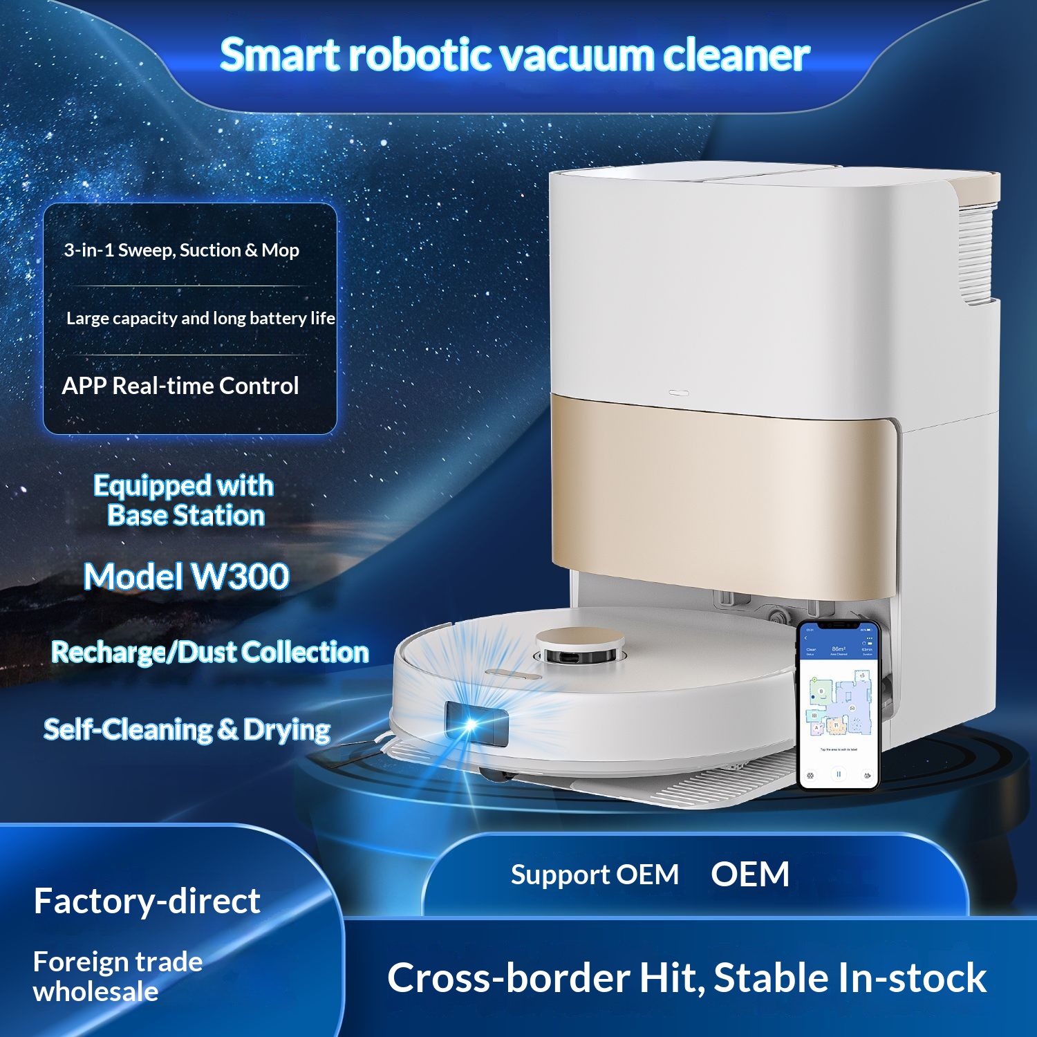 Aspirateur robot Cross-border W300 : usage domestique entièrement automatique : balayage, aspiration, lavage, autonettoyage et air chaud._voghion.com