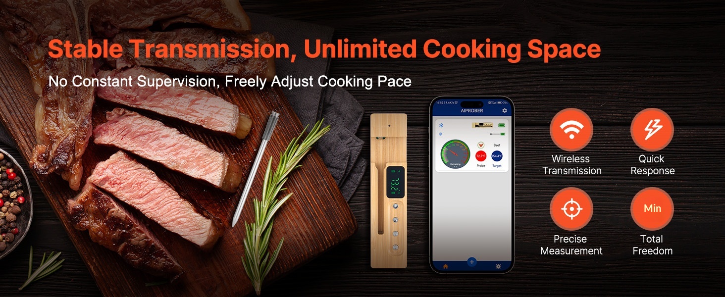 Termometro da cucina per barbecue, nuovo, wireless Bluetooth, IP68, impermeabile, resistente alle alte temperature, per grigliare carne, in ceramica._voghion.com