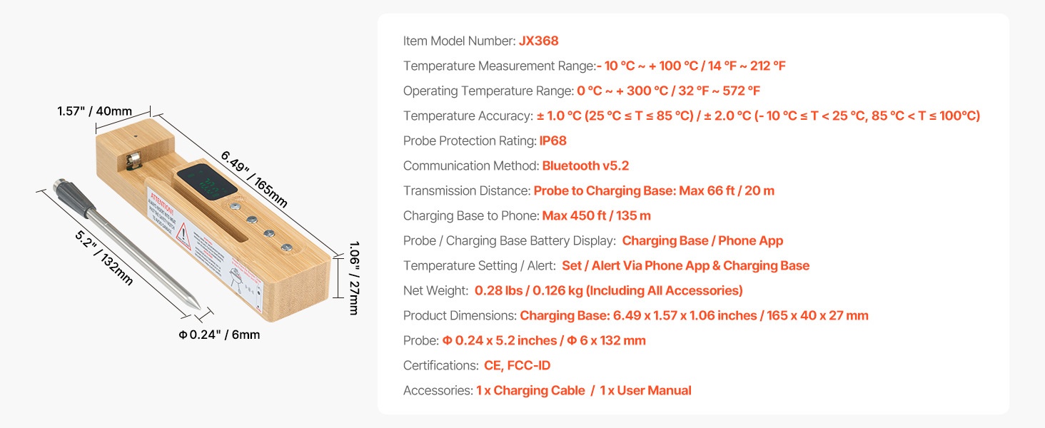 Termometro da cucina per barbecue, nuovo, wireless Bluetooth, IP68, impermeabile, resistente alle alte temperature, per grigliare carne, in ceramica._voghion.com