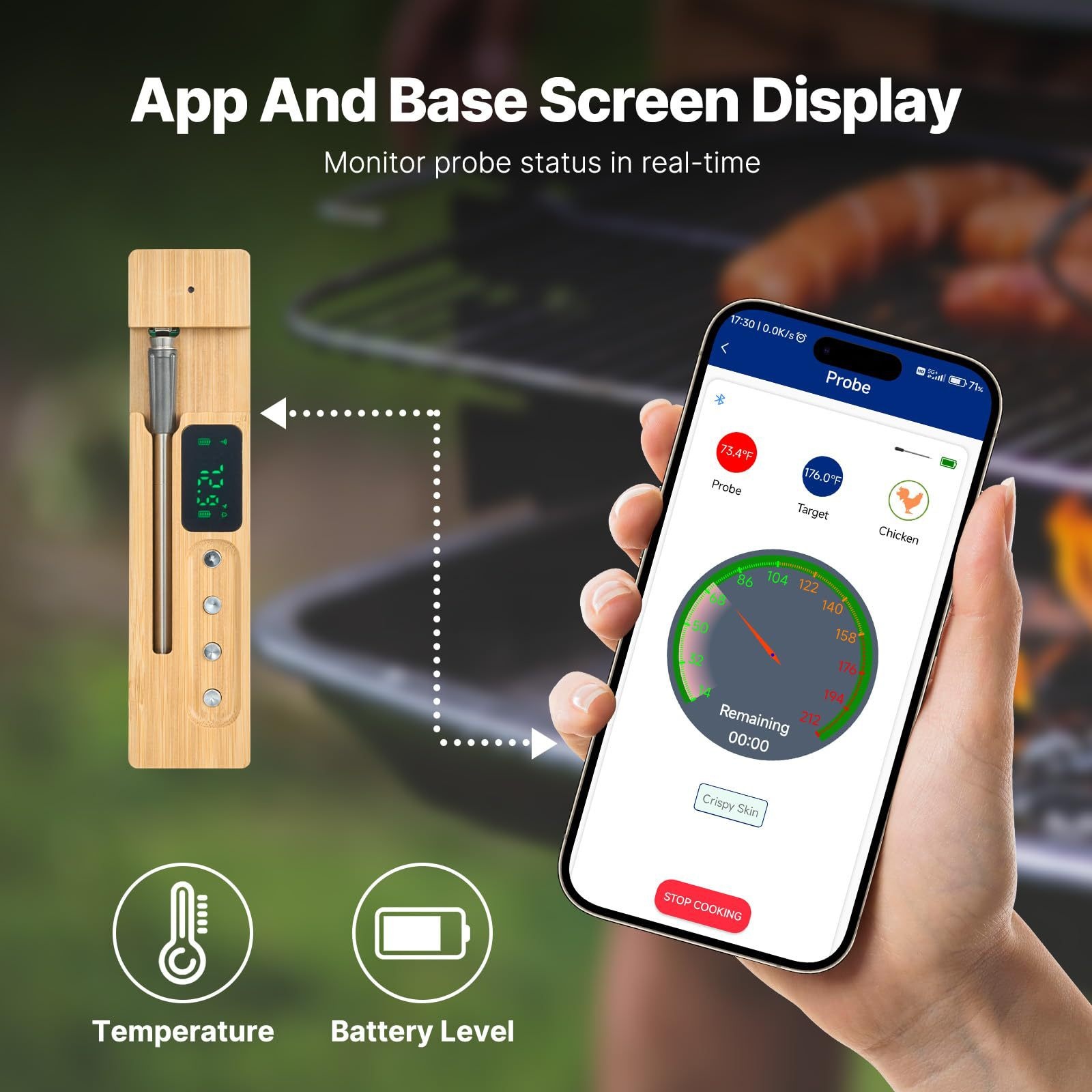 Termometro da cucina per barbecue, nuovo, wireless Bluetooth, IP68, impermeabile, resistente alle alte temperature, per grigliare carne, in ceramica._voghion.com