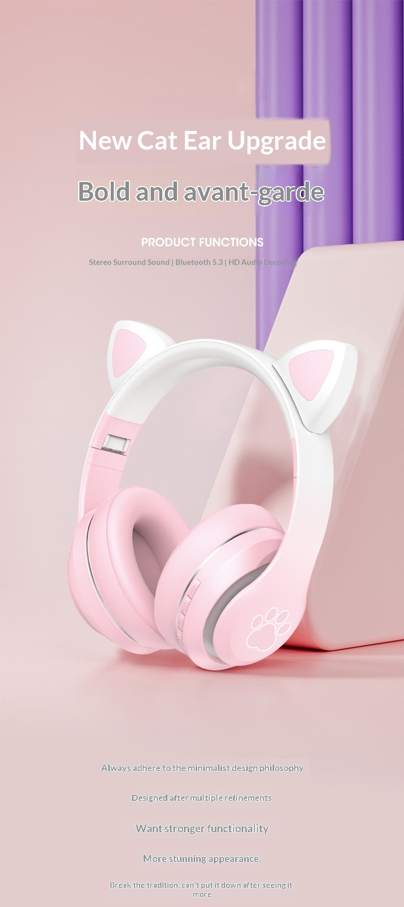 Draadloze bluetooth kattenoren koptelefoon met lichtgevend verloop_voghion.com