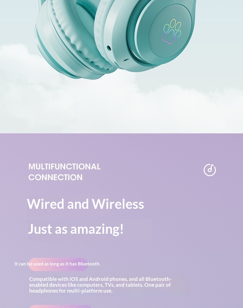 Wireless Cat Ear Gaming Headset Bluetooth Luminous Foldable Pink_voghion.com