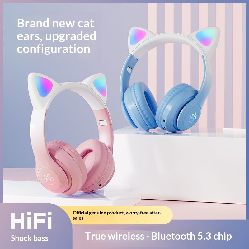Wireless Cat Ear Gaming Headset Bluetooth Luminous Foldable Pink_voghion.com