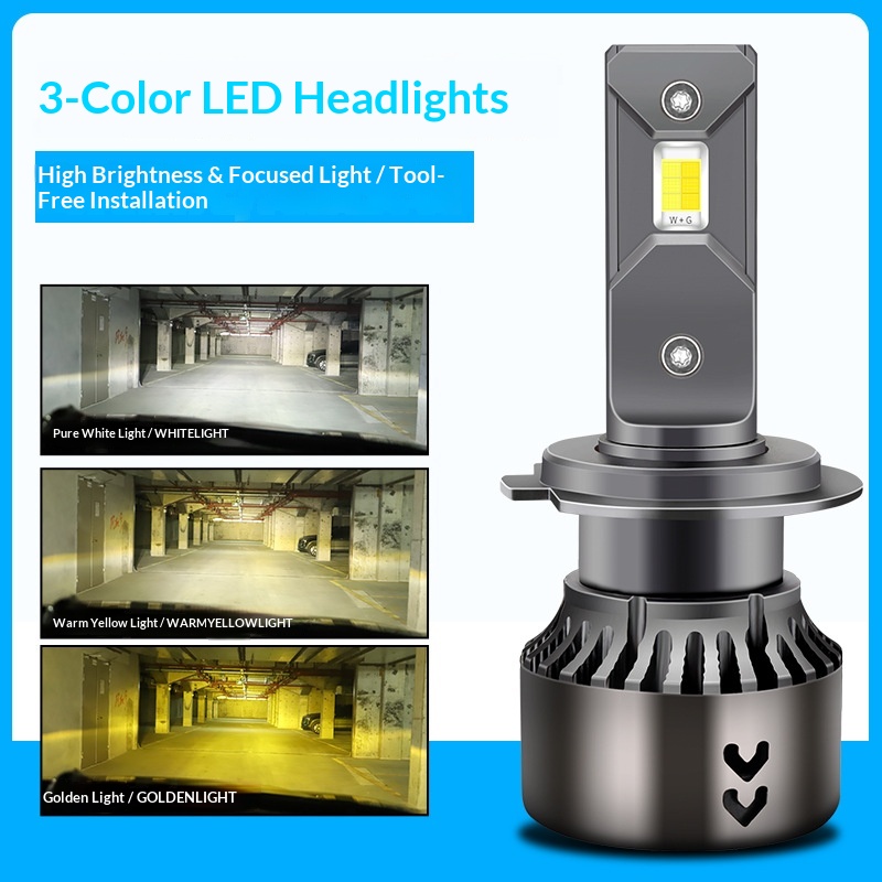 M5 Dreifarbiger LED-Autoscheinwerfer, 75 W, modifiziertes gelbes Licht, superhelles Fern- und Abblendlicht, Glühbirne H1 H4 H7 H11_voghion.com