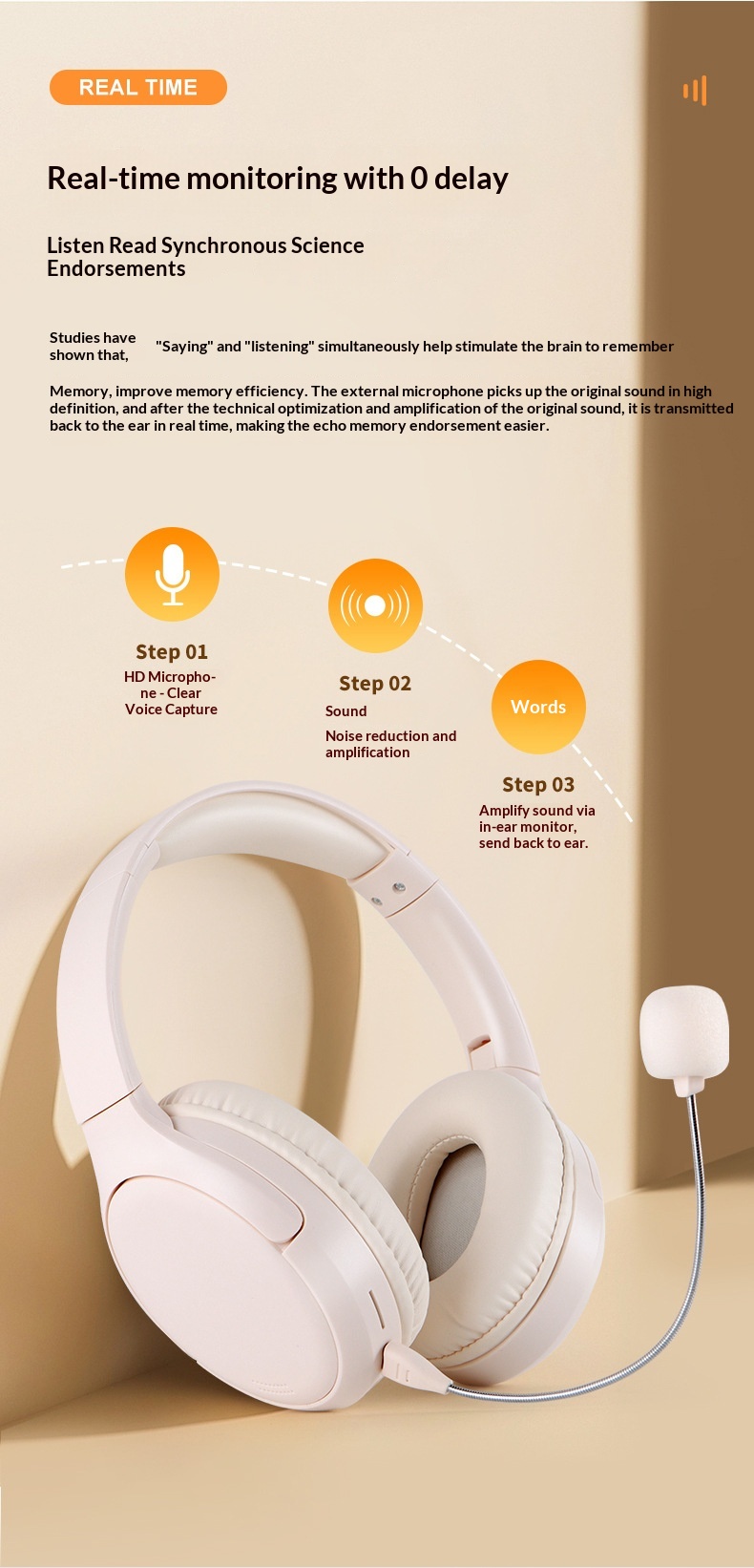 Student Ear Return Headphones Study Aid Long Battery Life Wireless Recitation Learning Headset Bluetooth 6.0_voghion.com