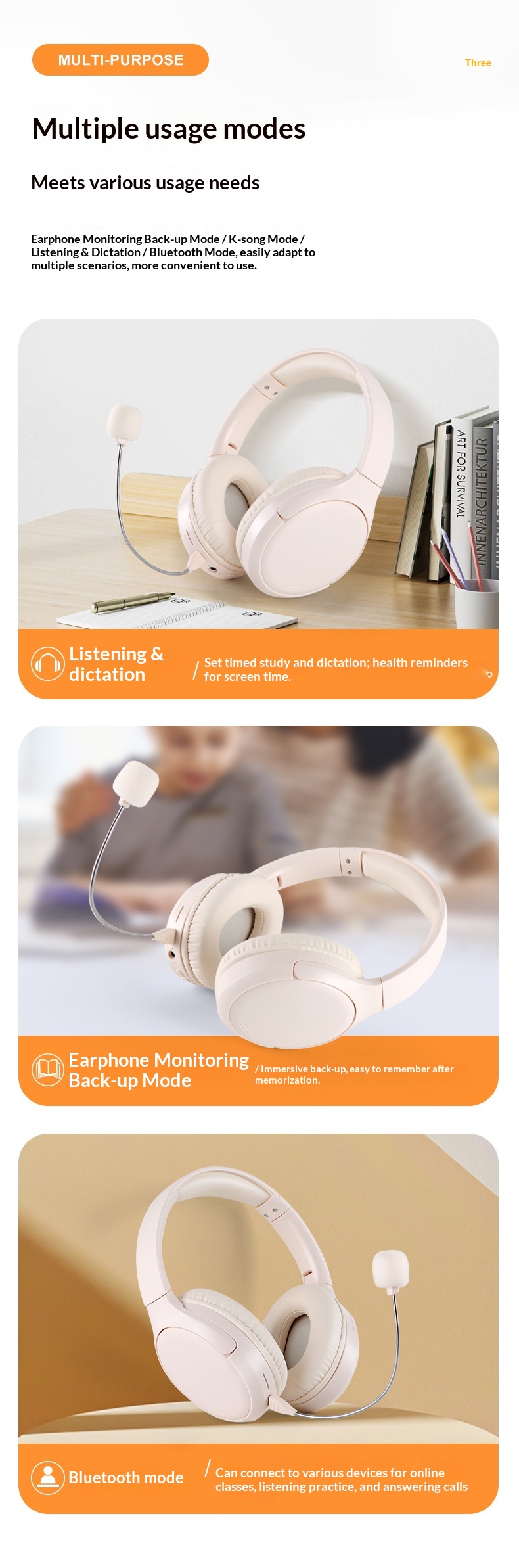 Student Ear Return Headphones Study Aid Long Battery Life Wireless Recitation Learning Headset Bluetooth 6.0_voghion.com