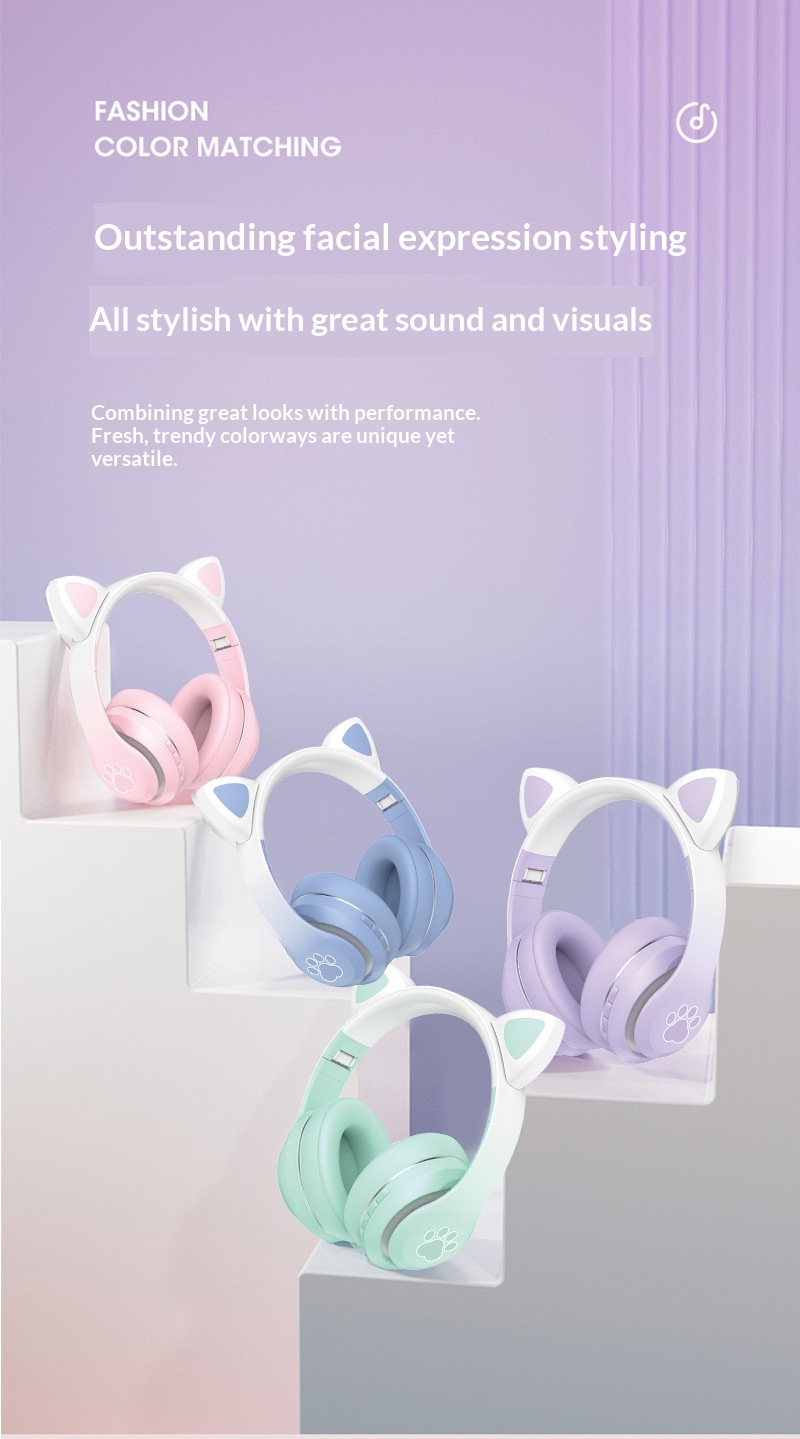 Draadloze bluetooth kattenoren koptelefoon met lichtgevend verloop_voghion.com