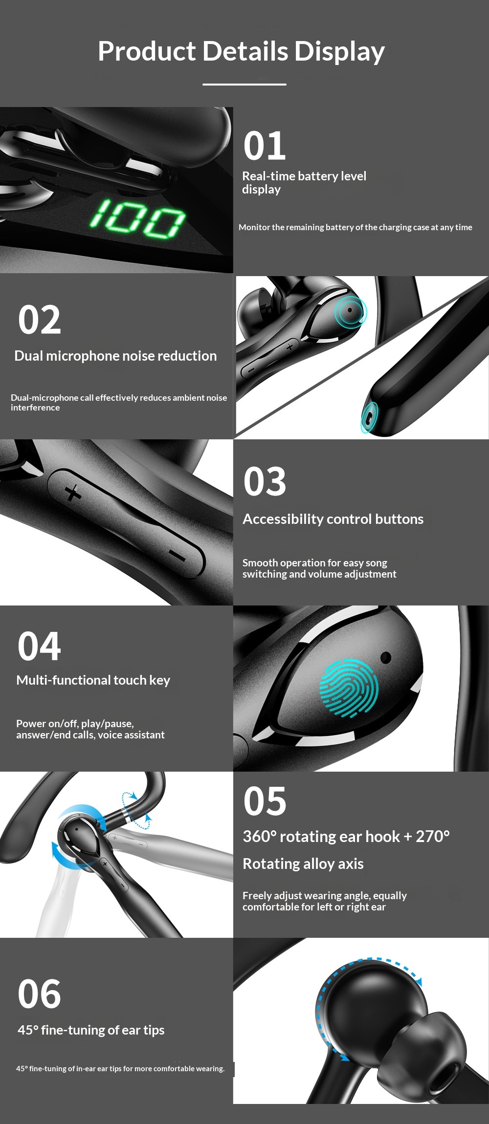 Cross-Border Private Model TWS Bluetooth Ear Hook ENC Dual Mic Noise Cancelling Call Touch Control Digital Display_voghion.com