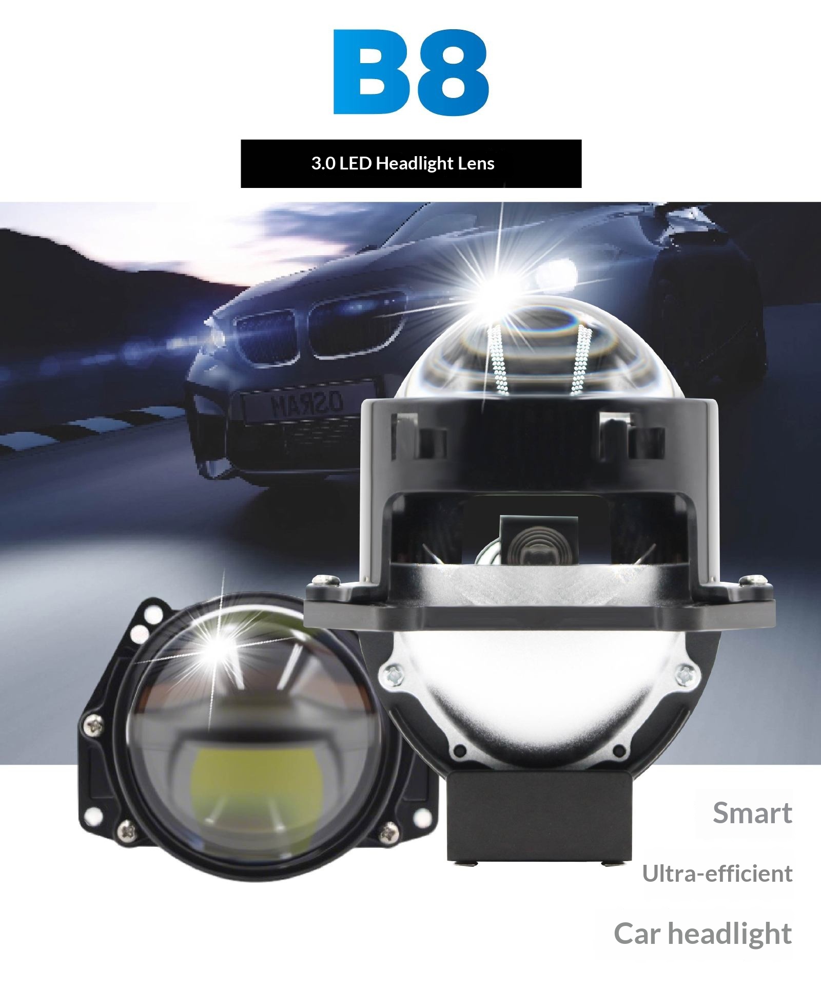 New B8 Beam Lens Dual Lamp Cup Car LED Headlight Super Bright Focused Light Universal Modification_voghion.com