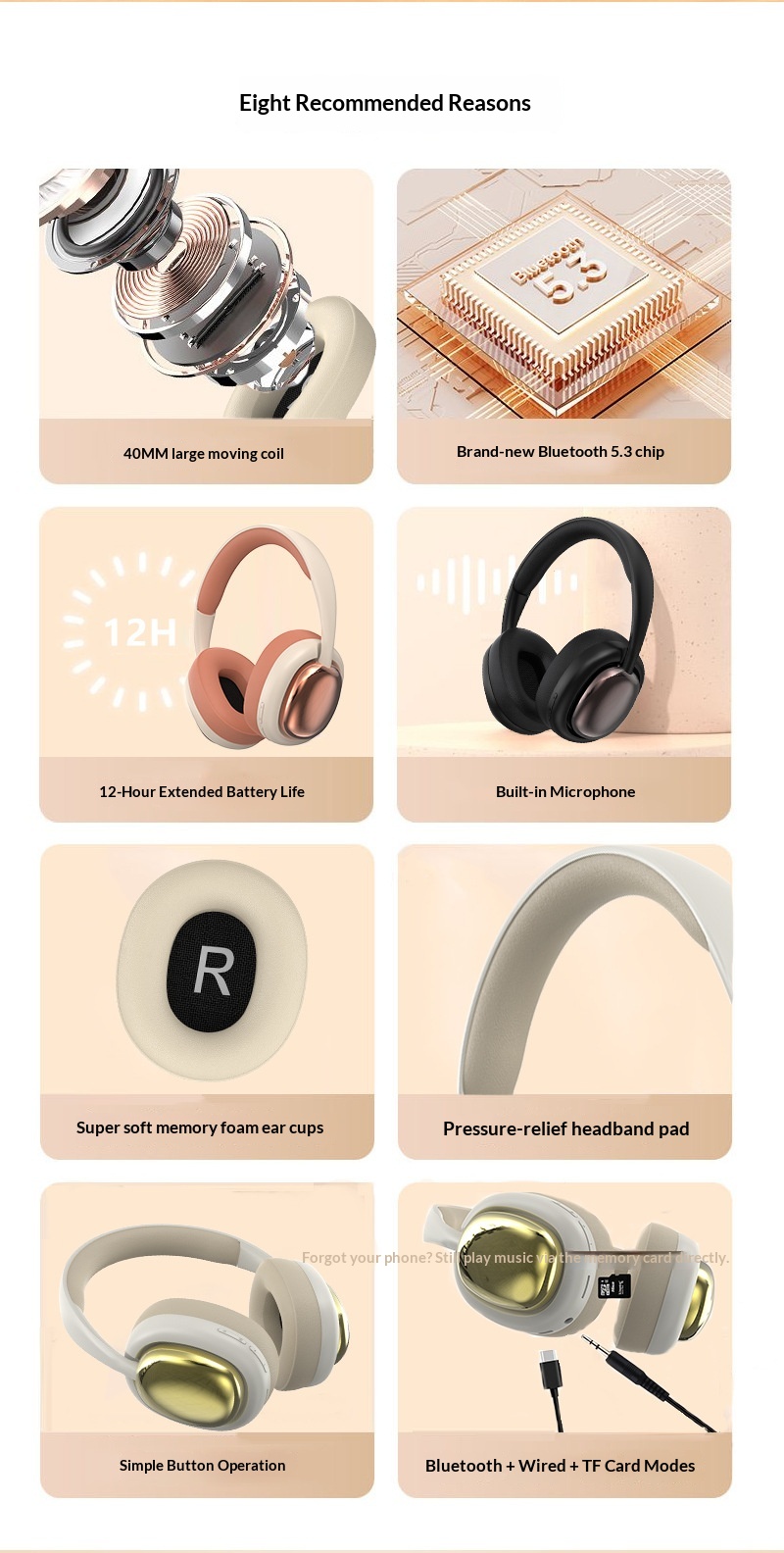 Over-ear Bluetooth Headphones Stereo Wireless For Sports Mobile_voghion.com