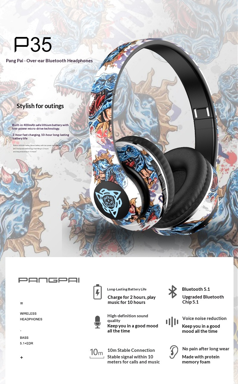 Modello privato transfrontaliero P35 Tendenza nazionale Graffiti Cuffie wireless Auricolari Bluetooth Supporto personalizzazione_voghion.com