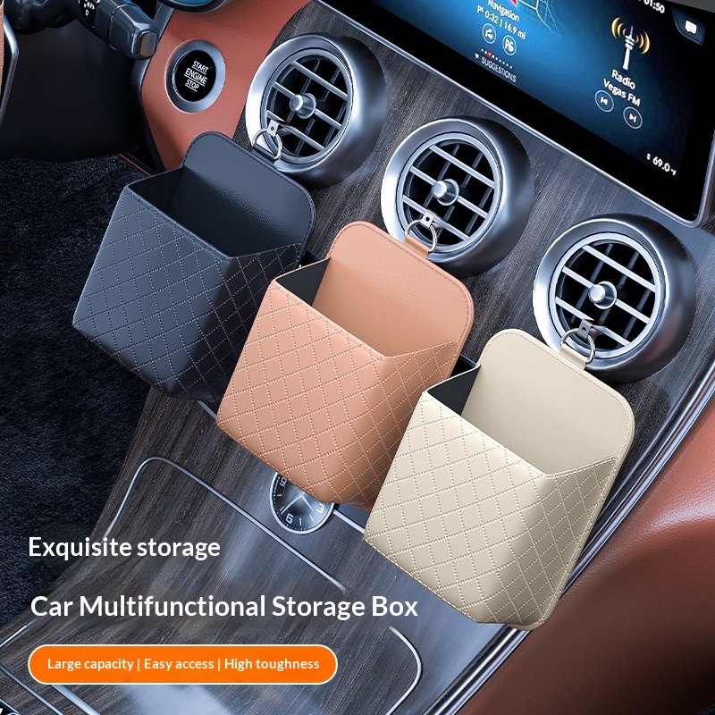 Autotelefoonhouder met opbergvak van leer, geschikt voor ophanging aan het ventilatierooster van de airconditioning._voghion.com