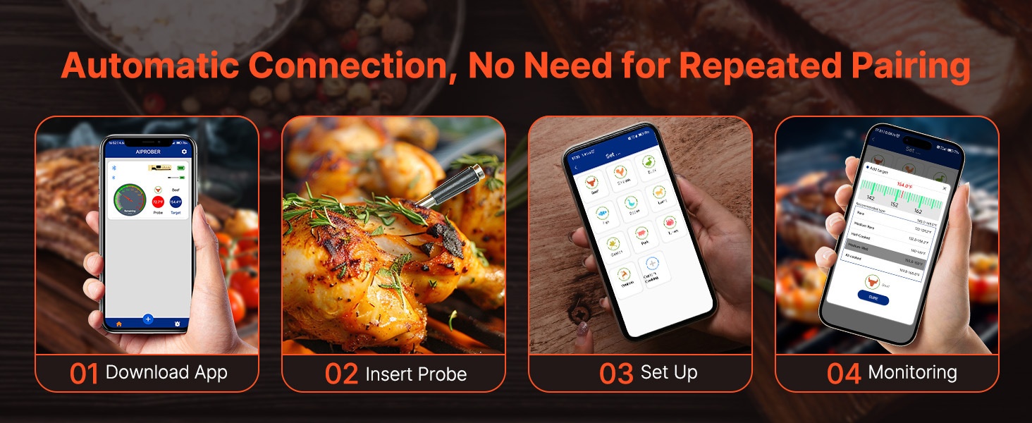 Termometro da cucina per barbecue, nuovo, wireless Bluetooth, IP68, impermeabile, resistente alle alte temperature, per grigliare carne, in ceramica._voghion.com