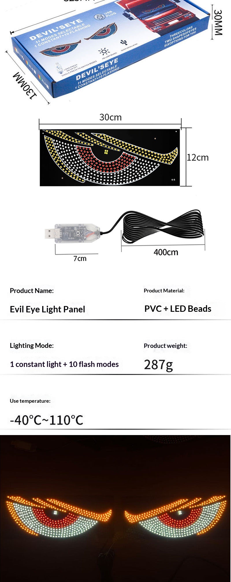 Cross-Border USB Dynamic Demon Eye Sticker LED Display Truck Car Front And Rear Windshield Light_voghion.com