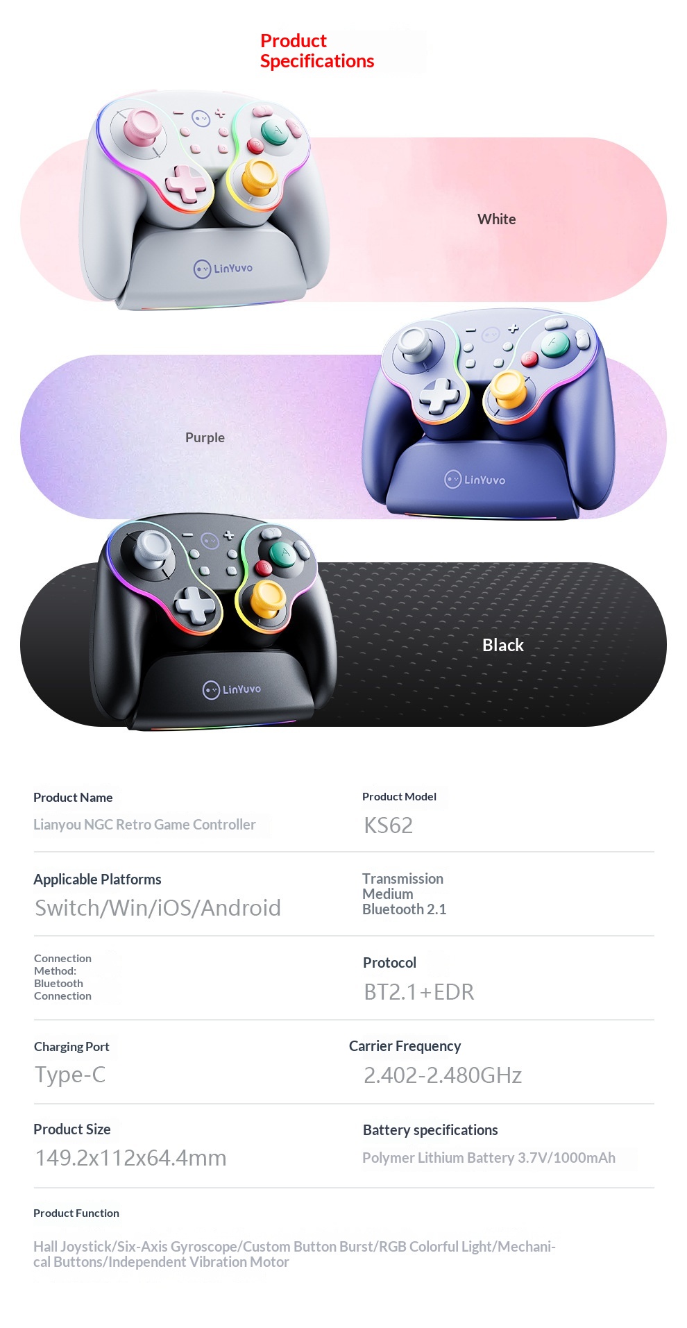 Manette de jeu rétro NGC pour Switch, modèle privé best-seller international, compatible Android et PC, avec effet Hall_voghion.com