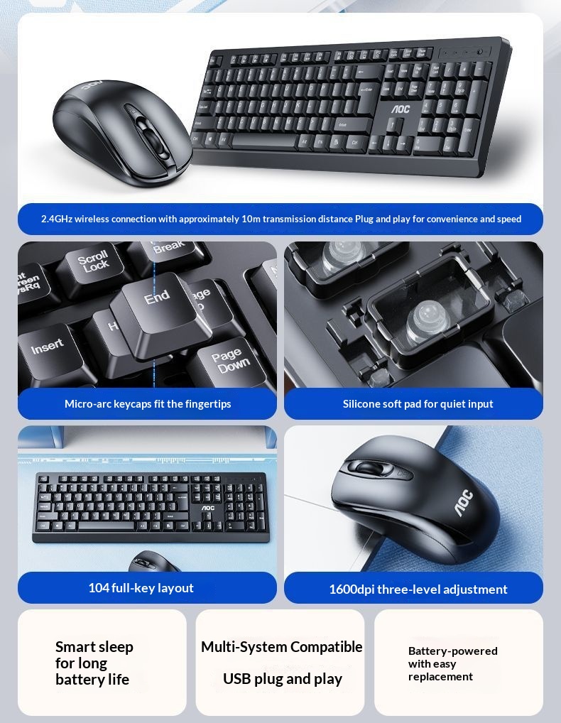 TPV AOC KM210 Wireless Keyboard Mouse Set Business Office Laptop Desktop Computer 2.4G_voghion.com