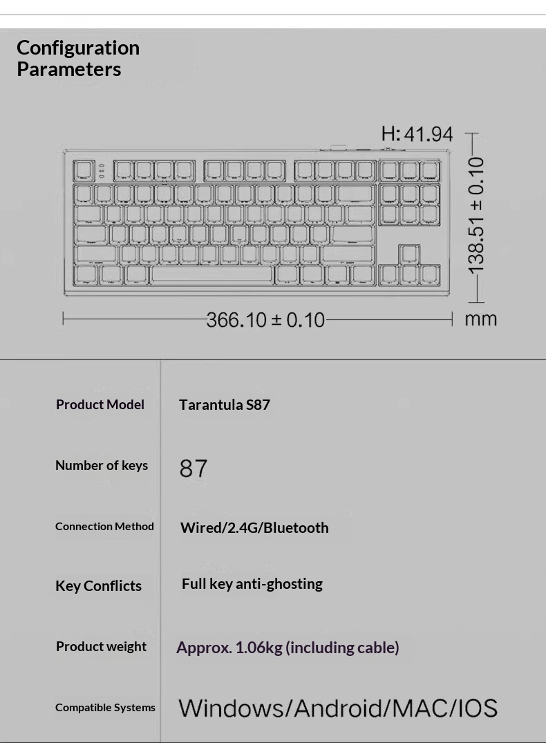 Wolf Spider S87 Mechanical Wireless Keyboard Rgb Tri-mode Gasket_voghion.com