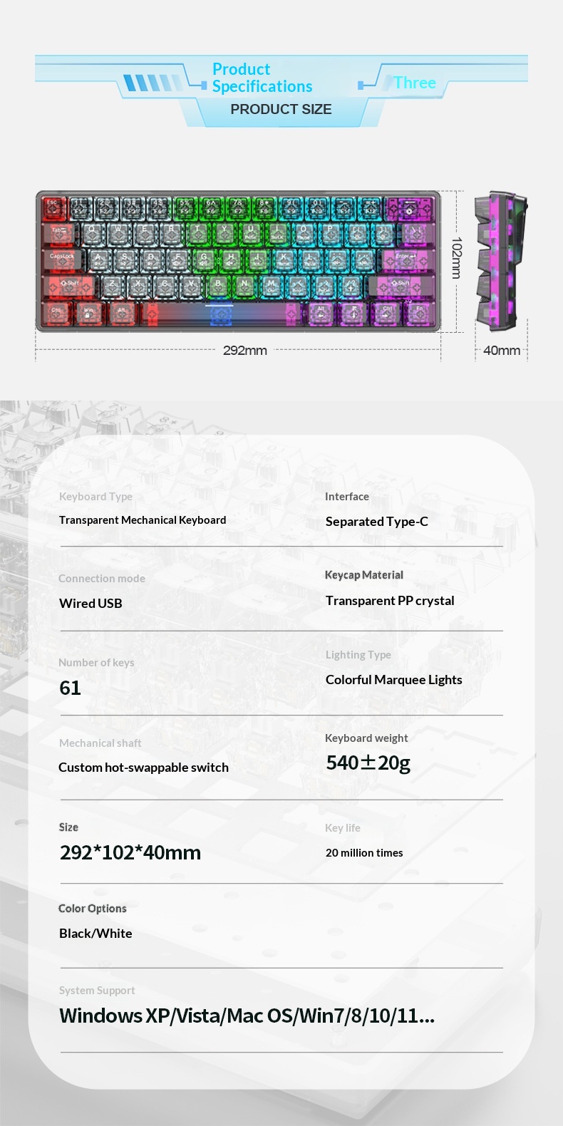 Mechanical Gaming Keyboard Wired Hot Swappable Transparent Keys_voghion.com