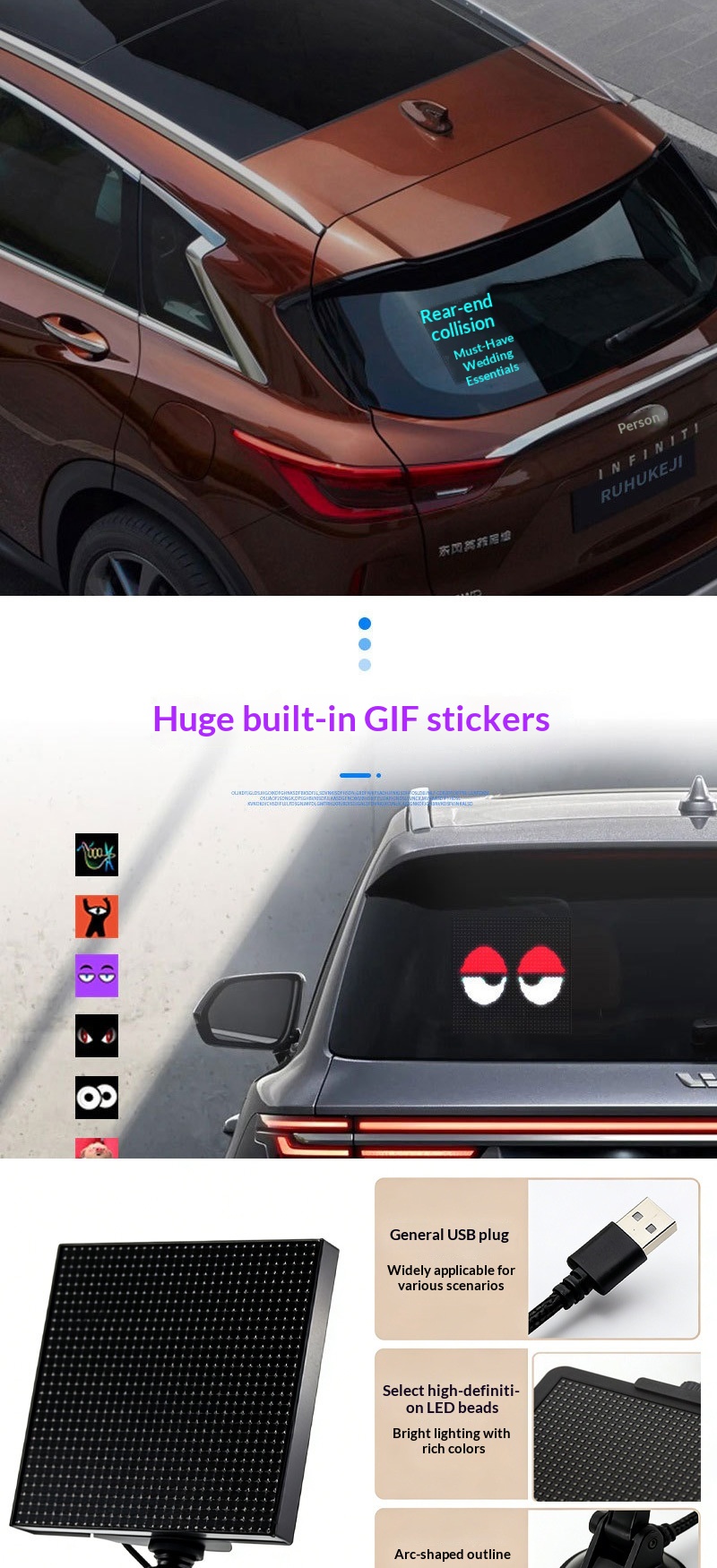 App per auto con LED per lunotto posteriore, Bluetooth, display colorato, decorazione per desktop, orologio con schermo pixel_voghion.com