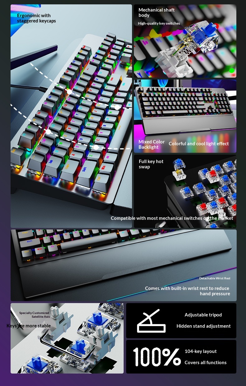 SOREX AK104 Blue Tea Switch Gaming Computer Wired Office RGB Backlit Mechanical Keyboard_voghion.com