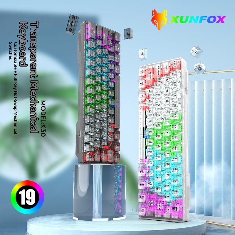 Xuan Yinfu K30 bedraad mechanisch toetsenbord met hot-swappable, aanpasbare, verlichte toetsen, geschikt voor kantoor, gaming, e-sports en transparante toetsen._voghion.com