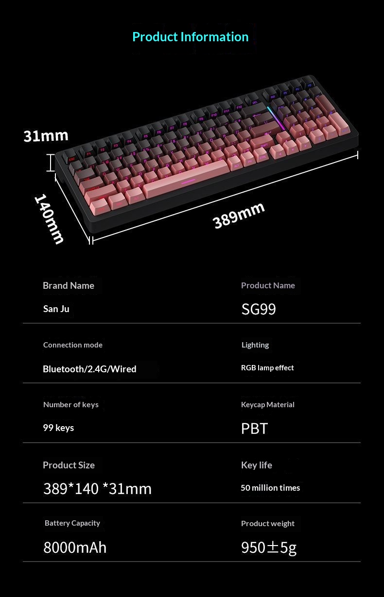 Sanju SG99 Customized Mechanical Keyboard Gasket Structure Full Key Hot-Swappable Wireless Bluetooth Tri-Mode Gaming_voghion.com