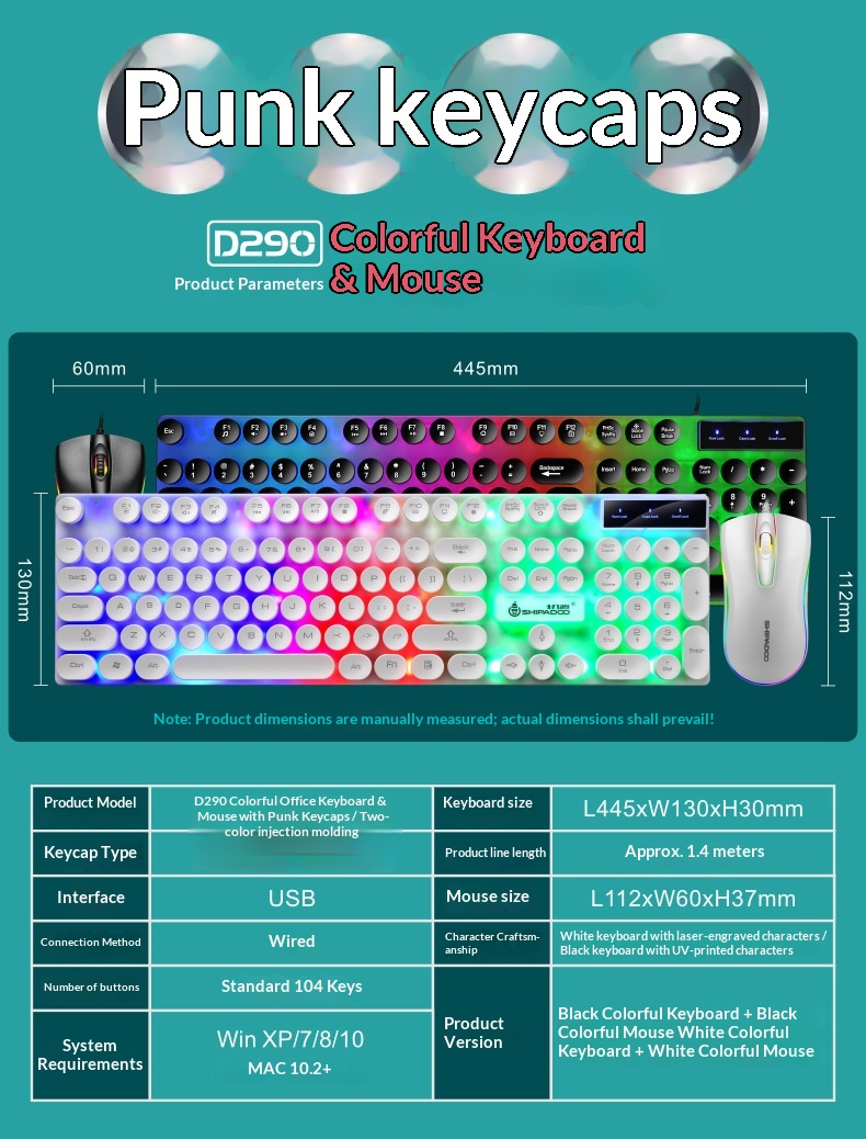 Set composto da tastiera e mouse Shibadu D500 RGB retroilluminati, con cavo USB e sensazione meccanica._voghion.com