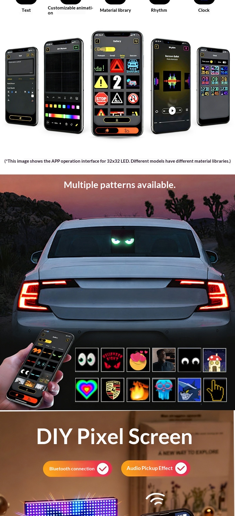 App per auto con LED per lunotto posteriore, Bluetooth, display colorato, decorazione per desktop, orologio con schermo pixel_voghion.com