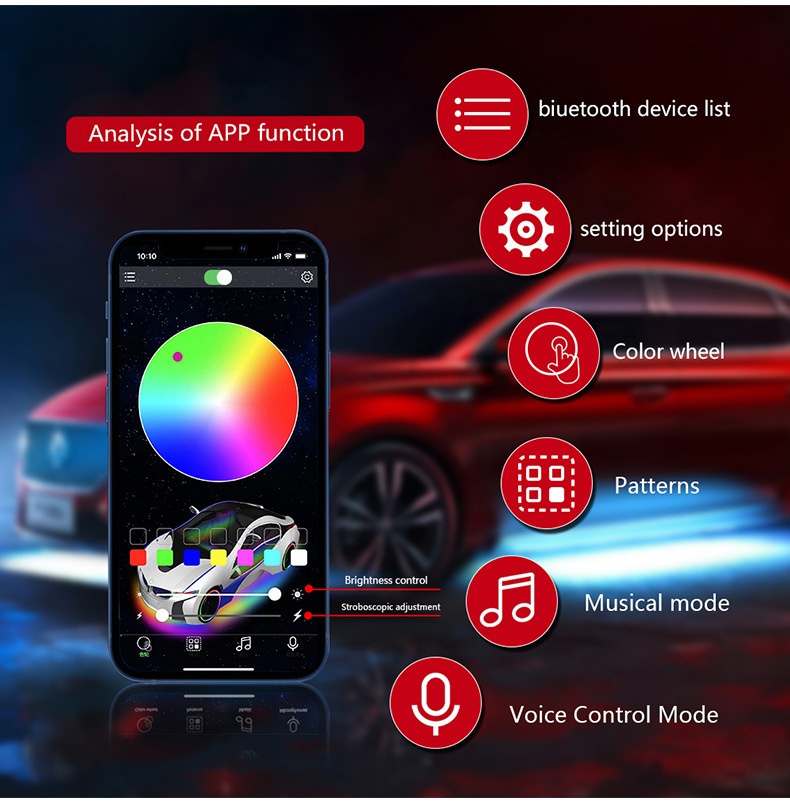 Cross-border Popular Car LED Bluetooth APP Wireless Control Ambient , Off-road Pickup Truck Underbody Modification_voghion.com