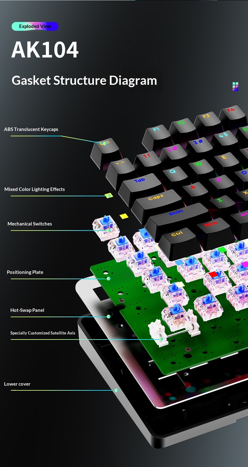 SOREX AK104 Blue Tea Switch Gaming Computer Wired Office RGB Backlit Mechanical Keyboard_voghion.com