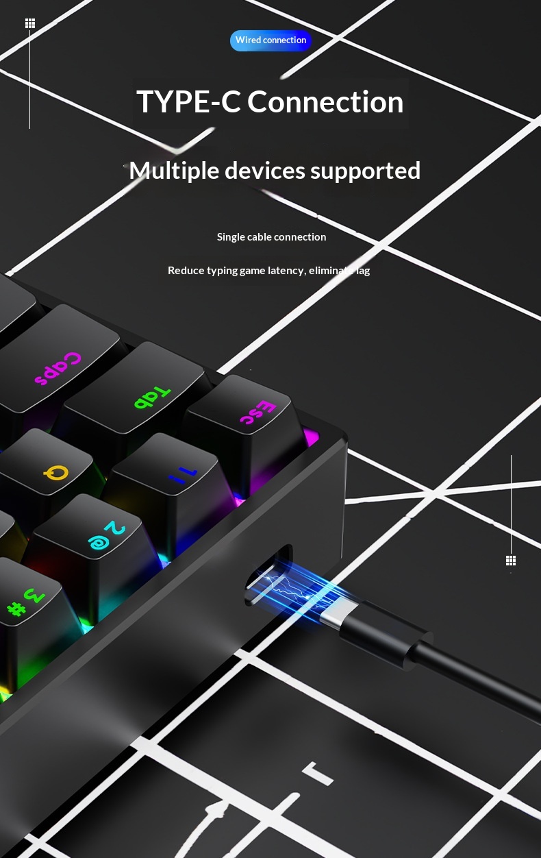 Tastiera mini cablata Sorex AK68 con switch meccanici blu e rossi, retroilluminata RGB, 68 tasti, layout compatto._voghion.com