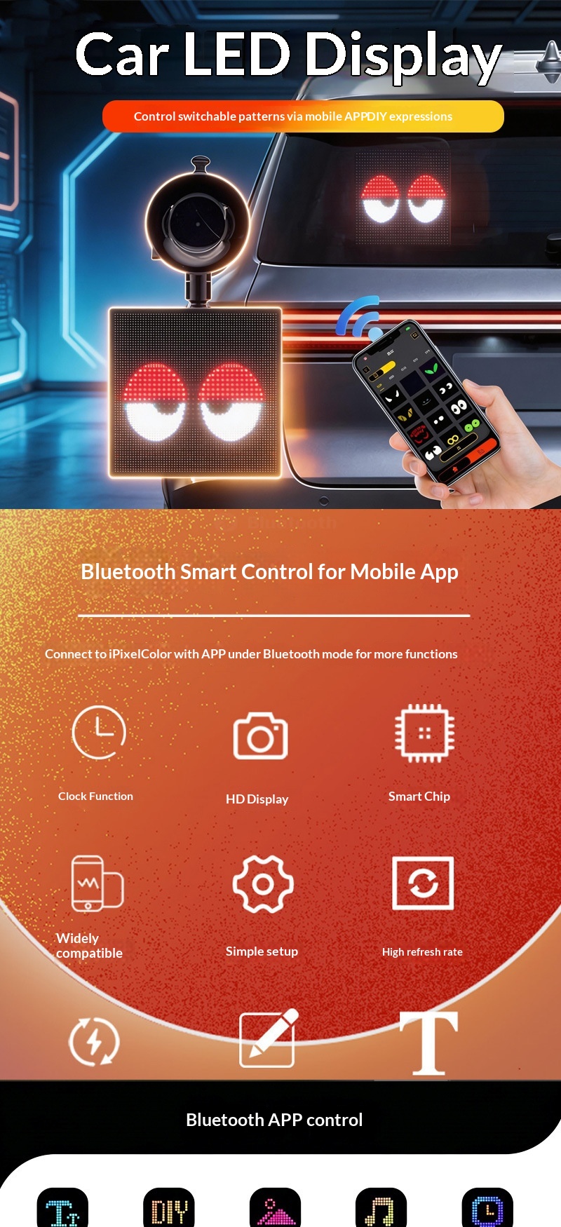 App per auto con LED per lunotto posteriore, Bluetooth, display colorato, decorazione per desktop, orologio con schermo pixel_voghion.com