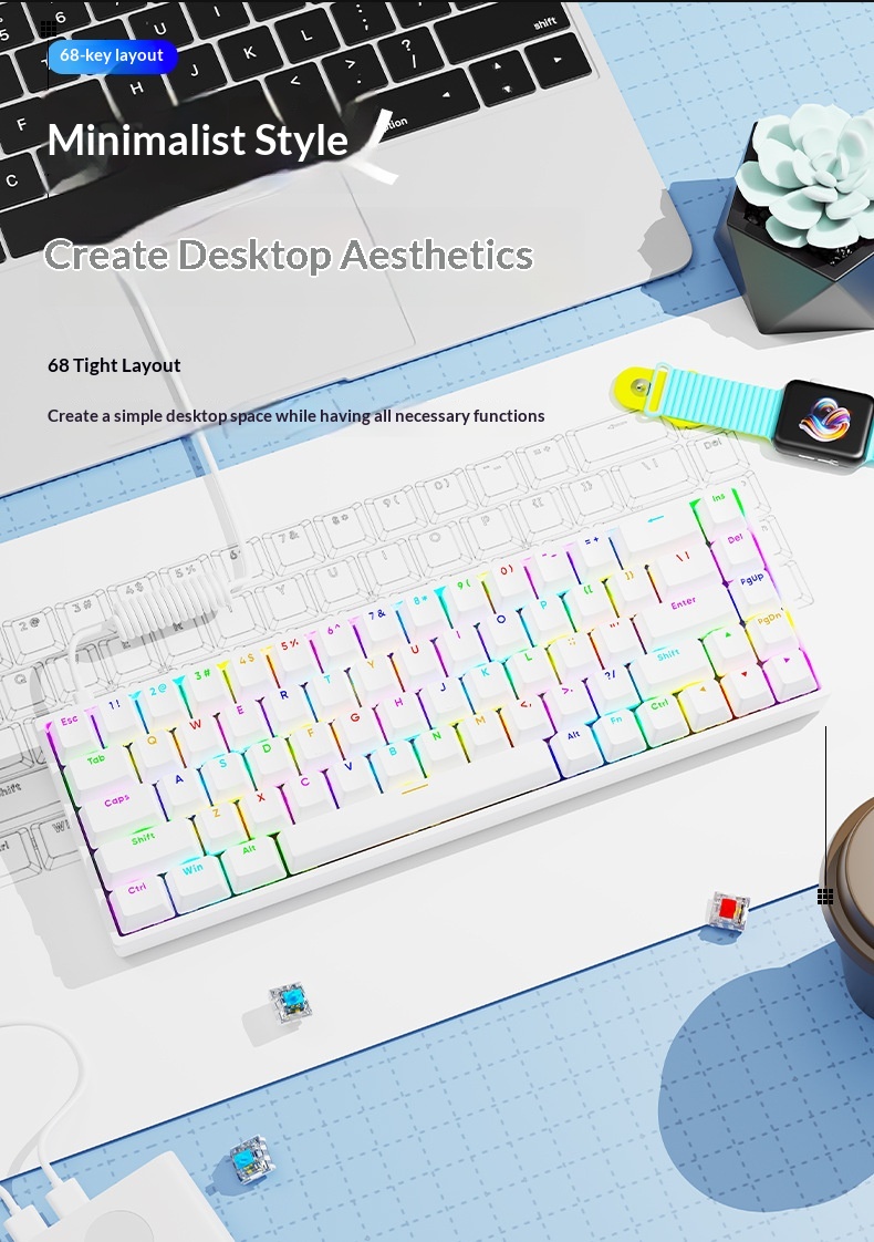 Clavier AK68 à touches mécaniques, interrupteurs bleus et rouges, filaire, mini, portable, rétroéclairage RGB, petit format_voghion.com