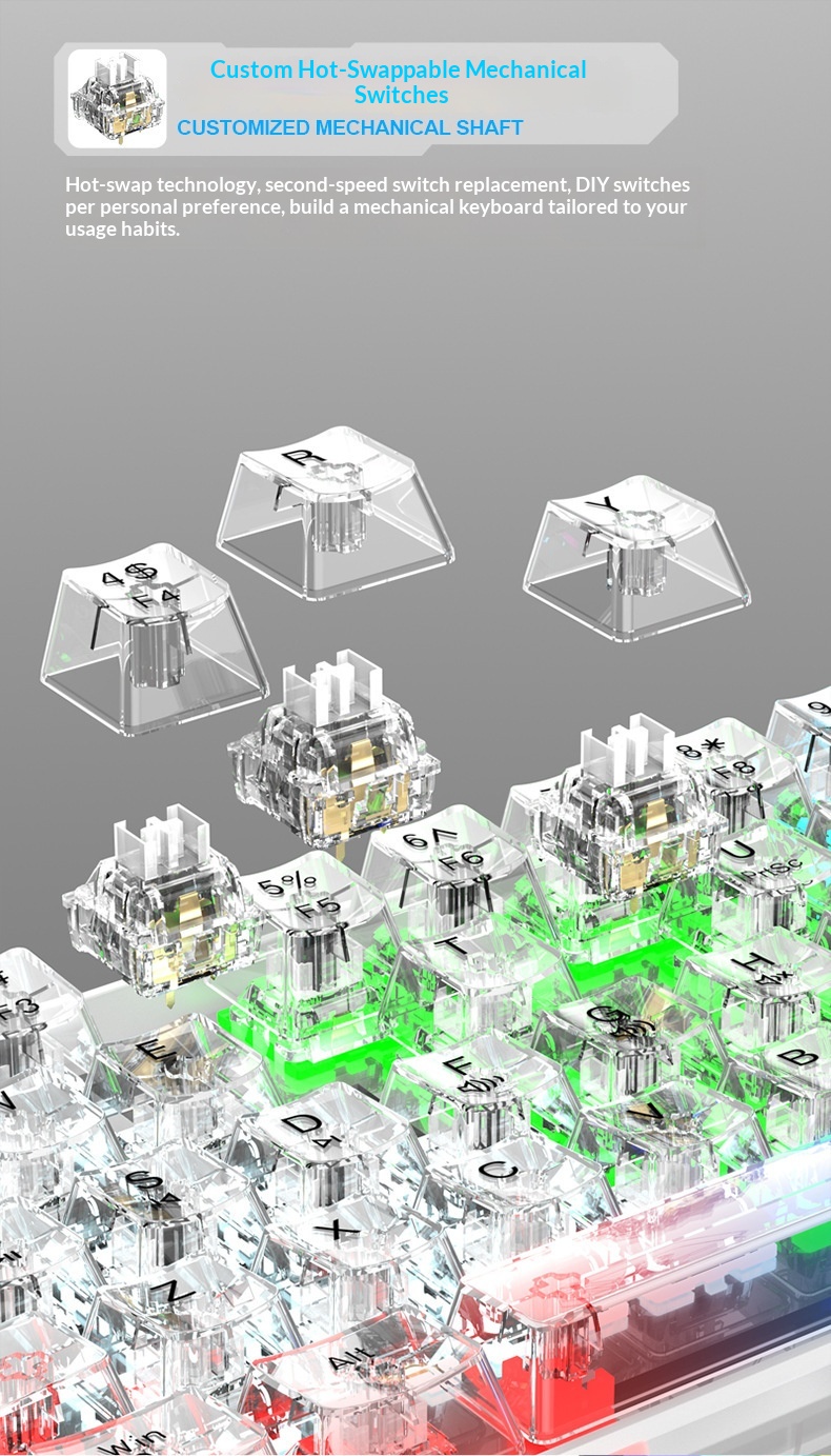 Mechanical Gaming Keyboard Wired Hot Swappable Transparent Keys_voghion.com