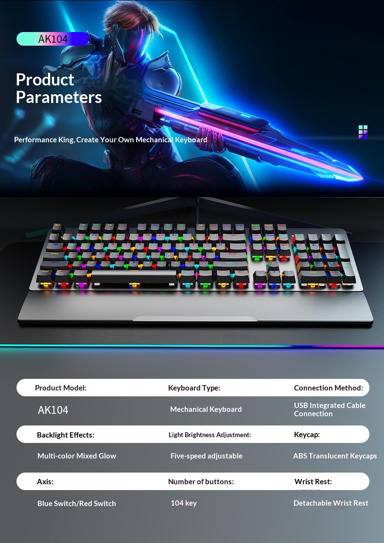 SOREX AK104 Blue Tea Switch Gaming Computer Wired Office RGB Backlit Mechanical Keyboard_voghion.com