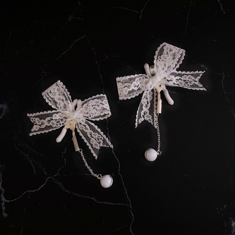 White Lace Bow Long Bell Anal Plug, Flirting Nipple Clamps, Breast Clamps_voghion.com