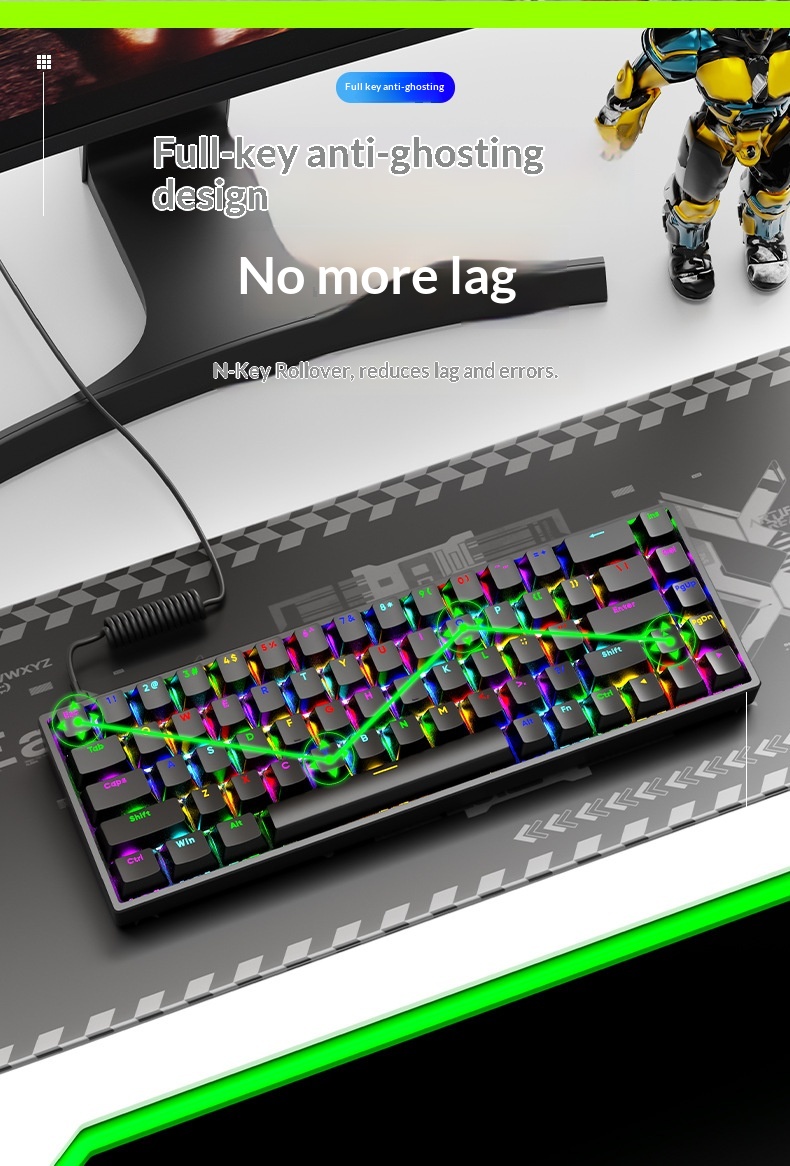 Clavier AK68 à touches mécaniques, interrupteurs bleus et rouges, filaire, mini, portable, rétroéclairage RGB, petit format_voghion.com