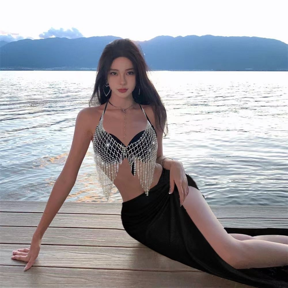 Shiny Swimsuit Women Small Busts, Sexy Bikini With Tassels, Sparkling Chest Chain For Seaside Vacation, Body Accessory_voghion.com