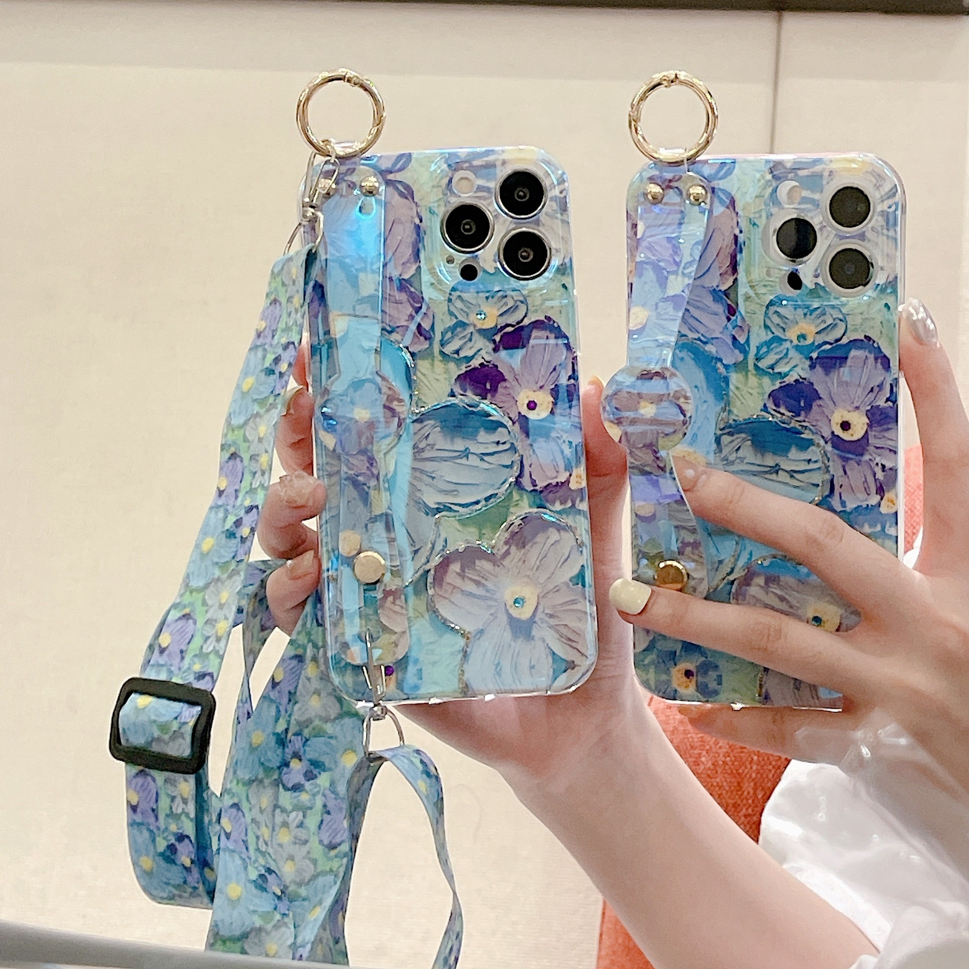 Suitable For IPhone 16 Pro Max Blue Light Rhinestone Phone Case With Oil Painting Flowers, 15 Wrist Strap And_voghion.com