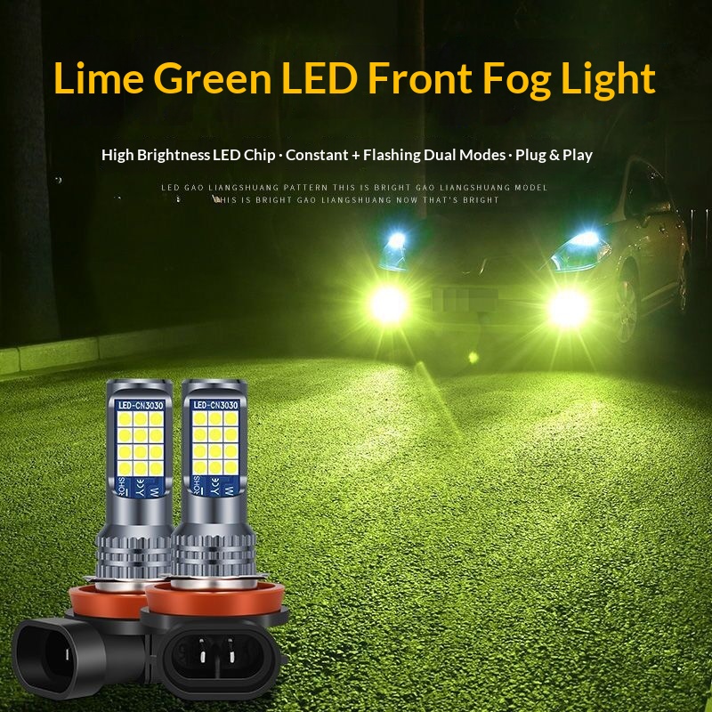Ampoule LED vert citron pour phare antibrouillard avant de voiture H11 9006 3030-24SMD à double couleur clignotante haute luminosité_voghion.com