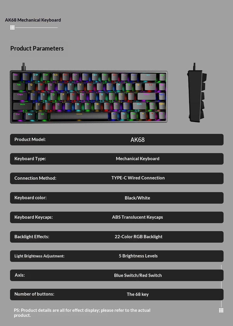 Clavier AK68 à touches mécaniques, interrupteurs bleus et rouges, filaire, mini, portable, rétroéclairage RGB, petit format_voghion.com