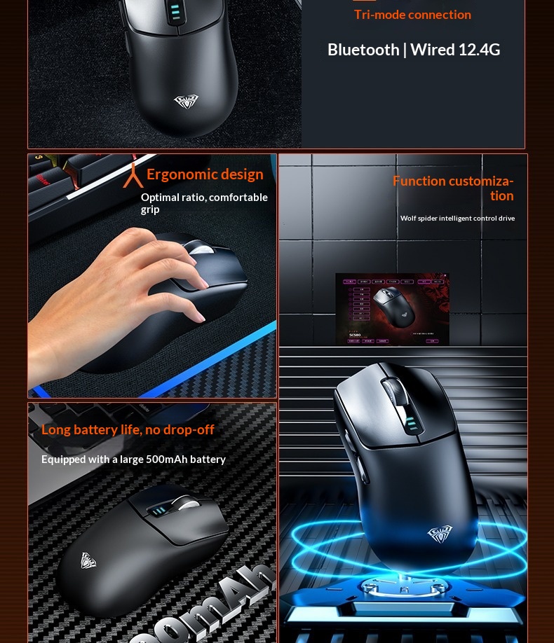 Wolf Spider SC580 Three-Mode Bluetooth 2.4g Wireless Gaming Mouse For Laptop, Desktop, And Office Use_voghion.com