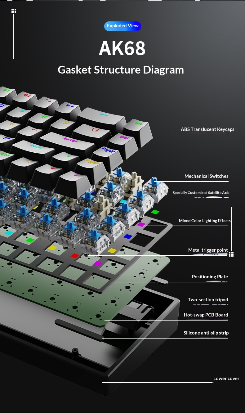 Clavier AK68 à touches mécaniques, interrupteurs bleus et rouges, filaire, mini, portable, rétroéclairage RGB, petit format_voghion.com