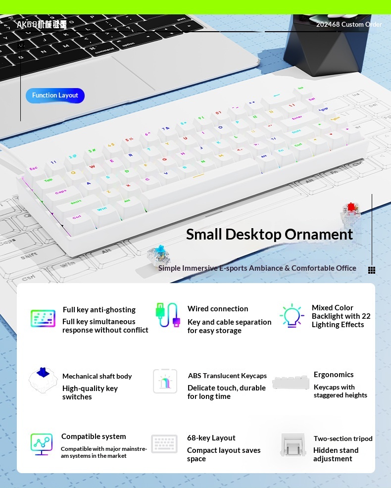 Clavier AK68 à touches mécaniques, interrupteurs bleus et rouges, filaire, mini, portable, rétroéclairage RGB, petit format_voghion.com