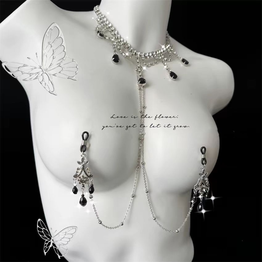 Stunning Black Gemstone And Sparkling Diamond Collar, Rings, Nipple Chains, Female SM Punishment Breast Clamps,_voghion.com