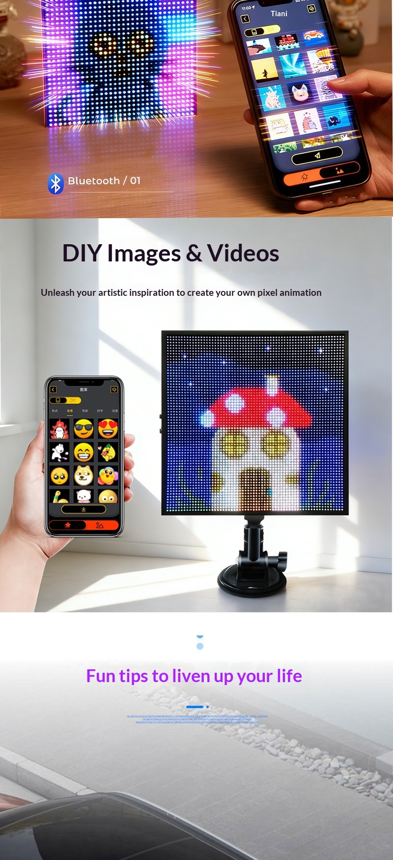 App per auto con LED per lunotto posteriore, Bluetooth, display colorato, decorazione per desktop, orologio con schermo pixel_voghion.com