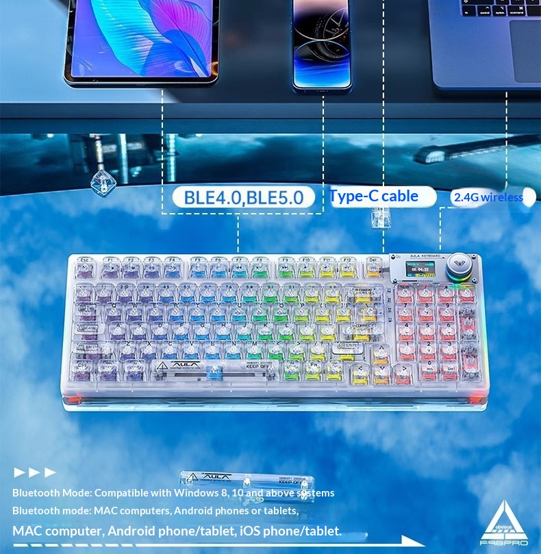 Wolf Spider F98pro, chargeur sans fil Bluetooth à trois modes avec écran, remplaçable à chaud, personnalisable et entièrement transparent_voghion.com