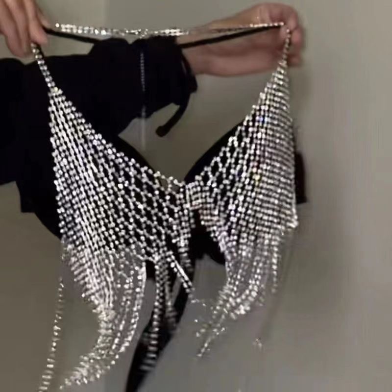 Shiny Swimsuit Women Small Busts, Sexy Bikini With Tassels, Sparkling Chest Chain For Seaside Vacation, Body Accessory_voghion.com